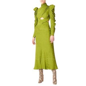 AMUR Giana Dress Green Jacquard Cutout Midi Puff Sleeve Size 6